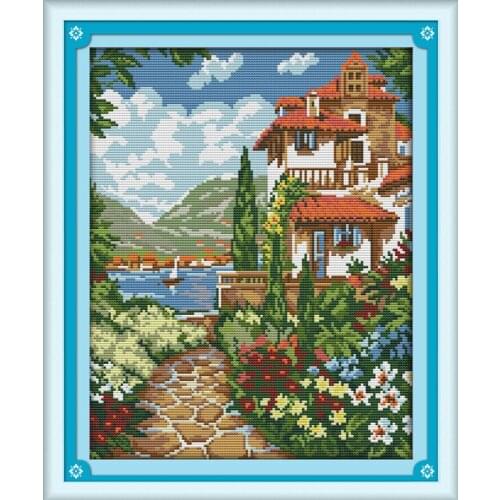 Lakeside Mansion Scenery Cross Stitch Kits 11CT Printed Cross-Stitching Embroidery DIY Handmade Needlework Wall Home Decor