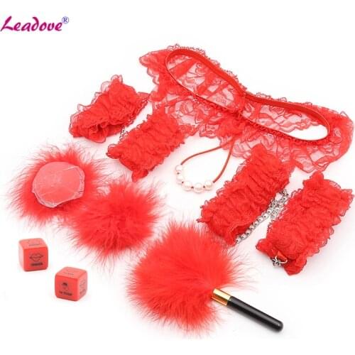 6pcs/kit Sexy Lace Adult Games Fetish Bdsm Set Under-wear Handcuffs Nipple Cover Sticker Feather Whip Dice Sex Toys for Women
