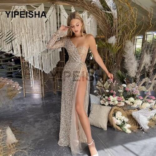 2021 New Glittery Asymmetrical Evening Gold Dress Deep V-Neck Sexy High Split A-Line IIIusion Prom Party Gown robes de soirée