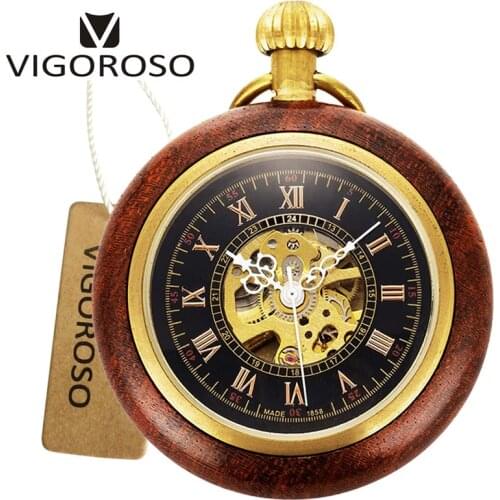 Luxury Antique Wooded & Copper Case Skeleton Hand Winding Mechanical Pocket Watch FOB Chain Pendant Men Women Vintage Retro Gift