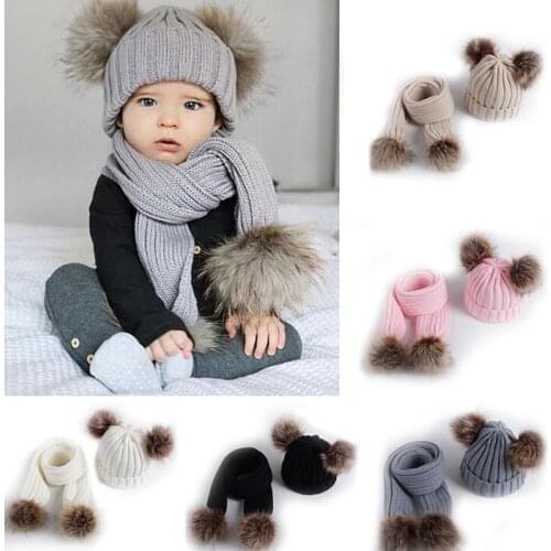 2Pcs Winter Thick Warm Baby Hat Set Scarf for Boy Girl Cute Double Pompom Kids Children Beanie Scarves for Boys Girls