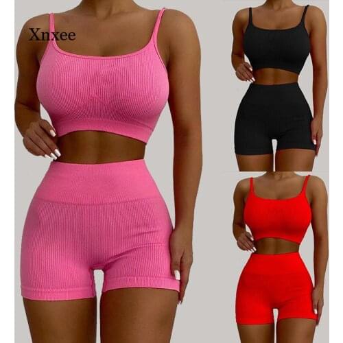 Rib Knit Sport Bra Yoga Set Elastic High Waist Shorts Women Crop Tops Fitness Workout Gym Suit Sportswear Slim Push Up Clothes