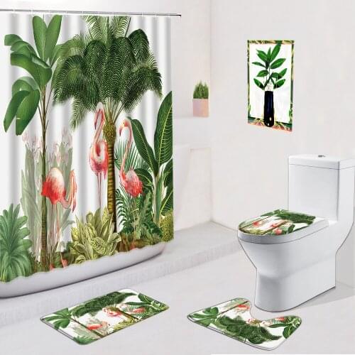 Tropical Flamingo Bathroom Set Shower Curtains Fresh Rainforest Animal Non-Slip Flannel Carpet Bath Mat Door Pad Toilet Cover