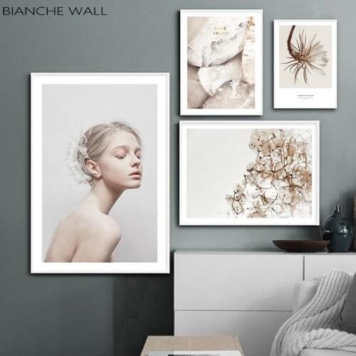 Withered Leaves Fowers and Woman Abstract Picture Scandinavian Poster Nordic Print Wall Art Canvas Painting Modern Room Decor