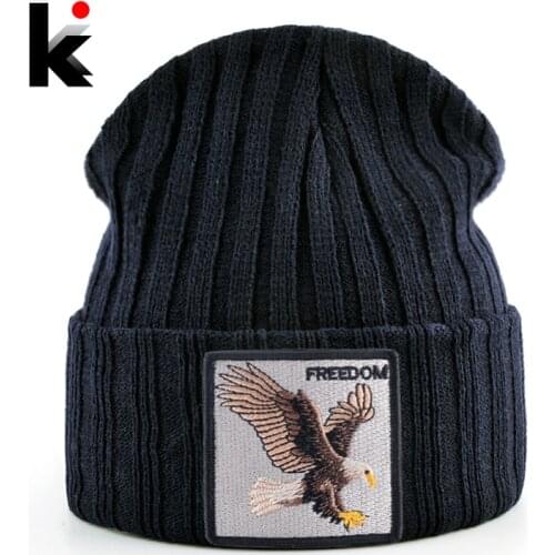 Knitted SKullies Beanies Men Hip Hop Solid Hat With Embroidery Eagle Patch Double Layer Knit Bonnet Women Streetwear Kpop Gorras