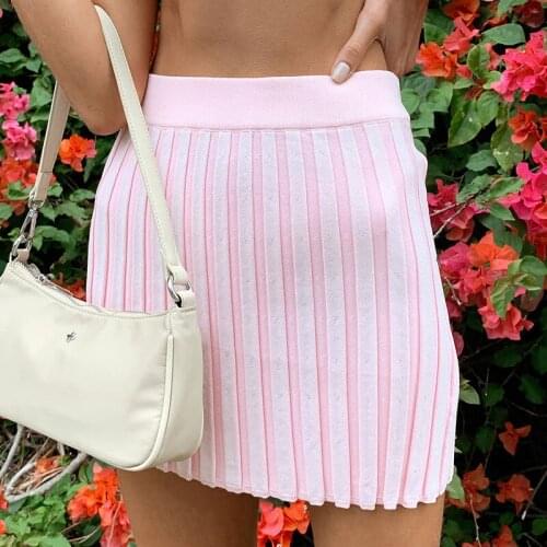 Summer Knitted Mini Skirt Women High Waist Pleated Casual E-Girl Y2K Slim Skirts Vintage Fashion Beach Harajuku Streetwear Skirt