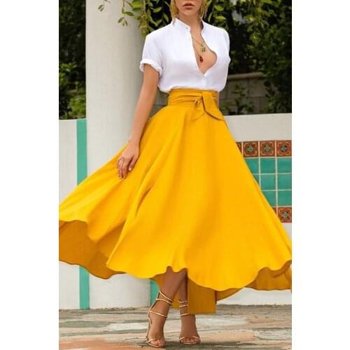 Women Boho Pleated Long Maxi Skirts Ladies Sexy Evening Party Solid High Waist A-Line Skirt
