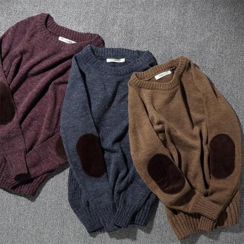 The here corduroy patches Japanese pure color restoring ancient ways round collar pullovers male Rabbit hair blended knitwear