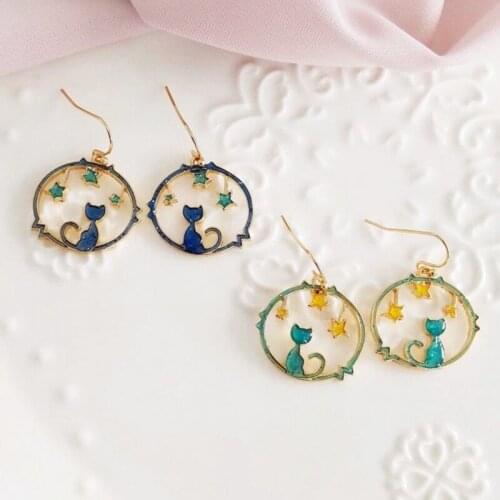 2017 Fashion Girls Lovely Cat Drop Earrings Colorful Hollow Alloy Circle Standing Stars Women Lady Femme Earrings Bijoux