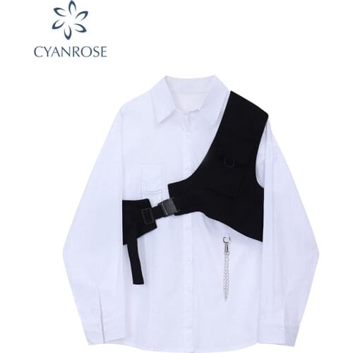 Spring Autumn Two Piece Sets Women Long Sleeve Loose White Blouse Shirt Tops + Bandage Black Vest 2020 Fashion Suits Casual