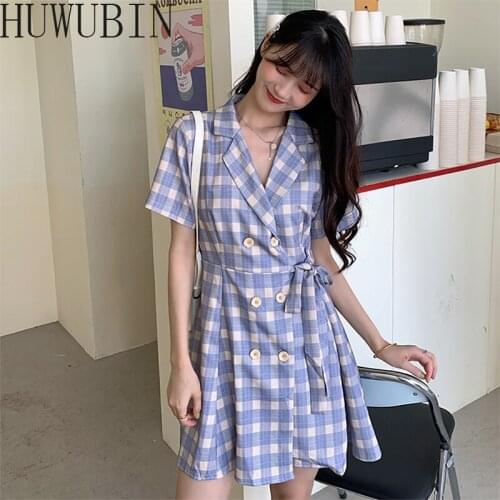 Summer Womens Beautiful And Elegant Casual Button Fashion Short Sleeve Dress Plaid Lapel Waist Show Thin Temperament Suit Skirt