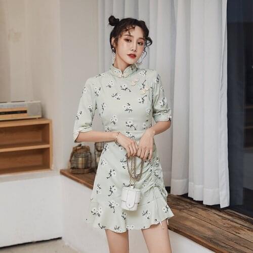 Summer New Retro Chinese Style Womens Modified Cheongsam Girl Floral Dress Irregular Lotus Leaf