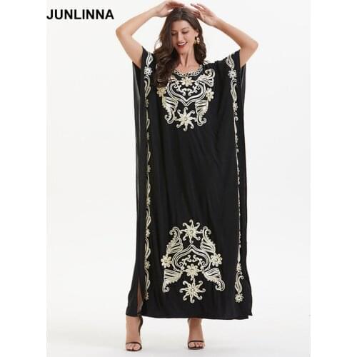 Viscose Fibre Womens Robe-Casual Dress Crew Neck Short Sleeve Loose Vestidos Muslim Style Embroidery Dresses