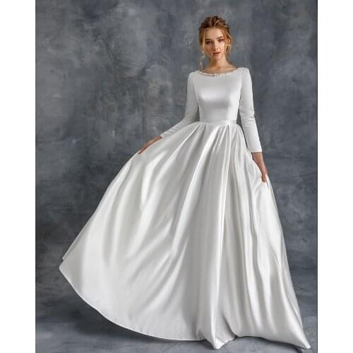 New Arrival Simple Satin Wedding Dresses Three Quarter Sleeve Robe Mariage Femme Pearls Neck Zipper Up Bridal Gowns Robe Mariage