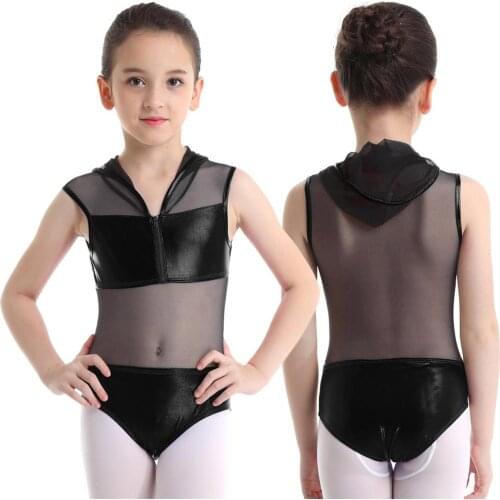 Teenager Ballet Dance Dress for Kids Girls Shiny Metallic Hoodie Mesh Patchwork Zipper Ballet Dance Gymnastics Leotard Costume