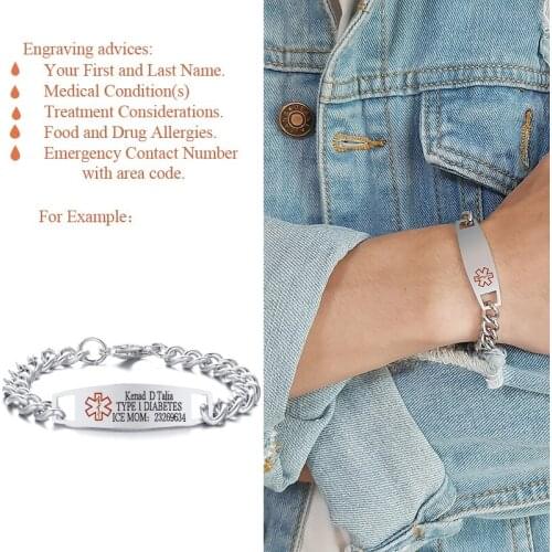 Free Engrave Medical Alert Bracelets Custom Name ICE Stainless Steel ID Chain Bracelets For Women Men Emergency Jewelry