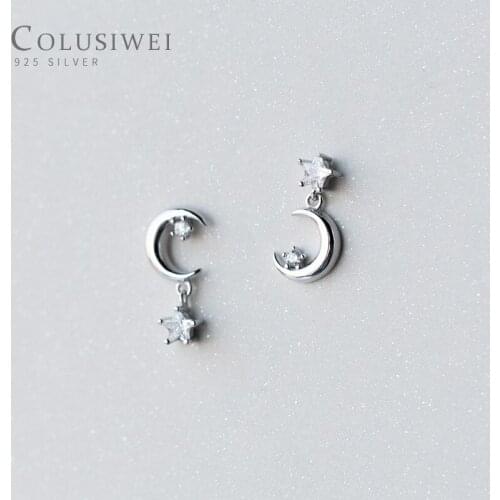 Colusiwei Asymmetric Moon Star Drop Earrings Clear CZ Shiny Elegant Ear Studs Authentic 925 Sterling Silver Jewelry Accessories