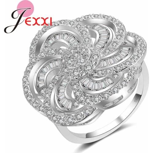 Pretty Cute 925 Sterling Silver CZ Cubic Zircon Ring Jewelry Bride Shiny Hollow Flower Anillos Size 6-10 Wholesale
