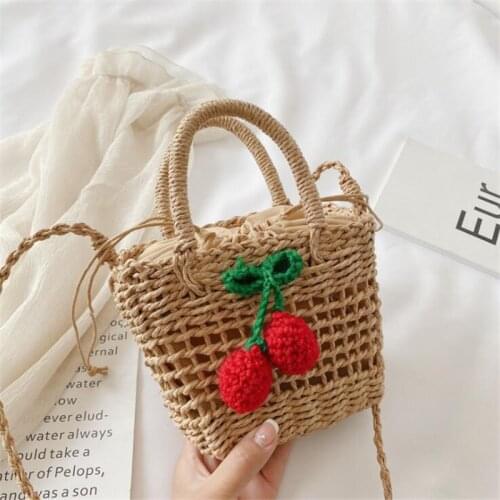 Cute Cherry Straw Bag Women Summer Handmade Crossbody Bag Casual Beach Bags Weave Bucket Handbag Travel Seaside Shoulder Bag sac