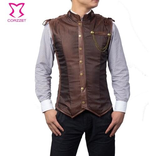 Brown / Black Striped Stand Collar Sleeveless Male Corset Jacket Punk Gothic Clothing Men Steampunk Coat Waist Trainer Vest Tops