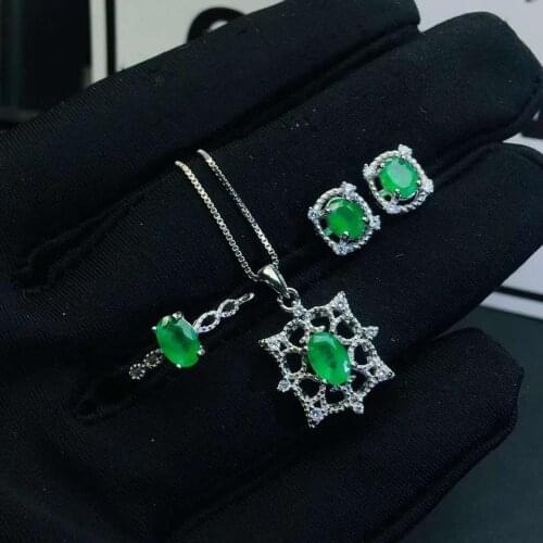 Real Natural Emerald jewelry set Natural Real Emerald 925 sterling silver 1pc pendant,1pc ring,2pcs Earring