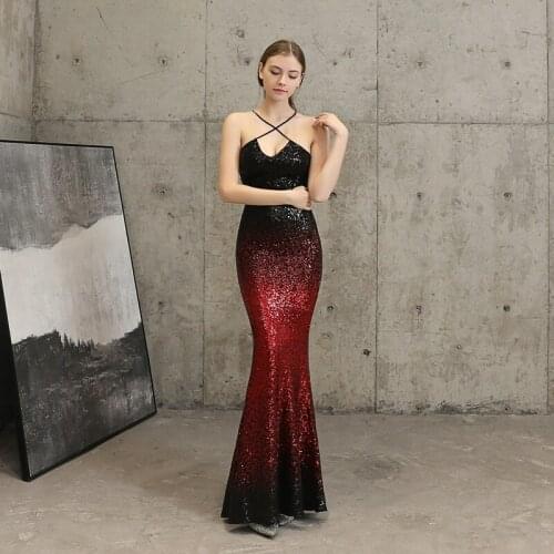 2021 New Sexy Strap Cross Back Sequins Evening Dress Backless Long Evening Party Dress