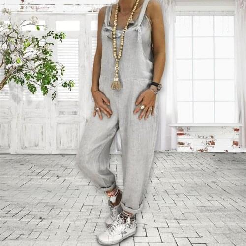 New Spring And Summer Loose Casual Large Size Linen Cotton One Piece Bib Pants Casual Loose Solid Jumpsuit Trousers Hot Sale