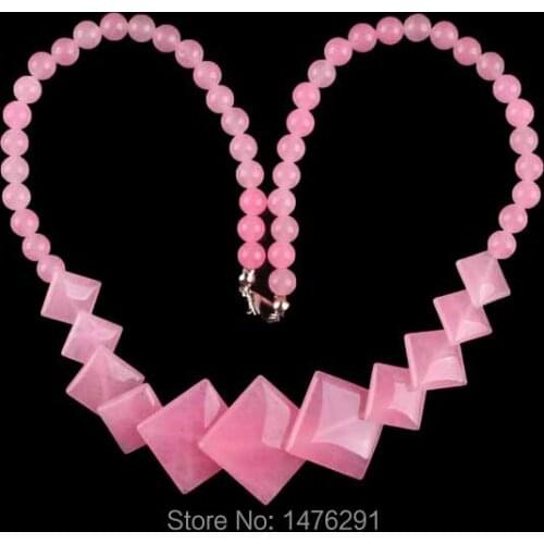 New Imitation Pink Jades Rhombus Bead Pendant Necklace 17.5"L