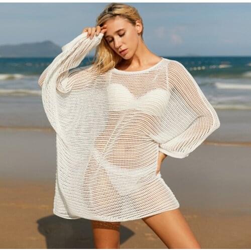 Sexy White Crochet Bikini Cover Up Long Sleeve Women Hollow Tops Tunic Robe Beach Dress New Summer Bathing Suit Beachwear Mesh