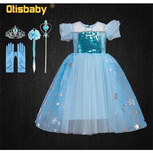 Girl Princess Anna Elsa 2 Dress Child Costume Crown Gloves Magic Wand Wig Cosplay Halloween Costume Kids Party Dress Snow Queen