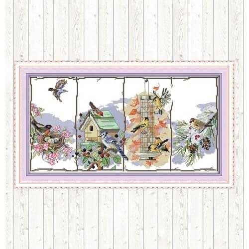 Four Seasons of Birds Painting DIY Needlework Counted Cross-stitch Pattern DMC Embroidery Kit 14ct 11ct Printed on Canvas Fabric