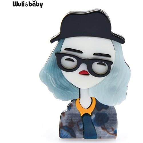 Wuli&baby Wear Hat Glasses Lady Women Brooches Acrylic Teacher Artist Figure Brooch Pin Gifts