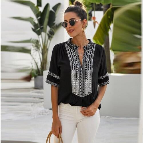 Plus size ladies summer clothes new womens shirt V-neck short-sleeved embroidery lace retro loose plus size shirt top