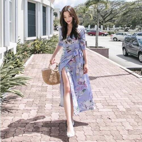 Womens summer v neck flower print long dress ladys sexy plus size long beach dress TB327