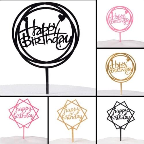 10pcs Gold Acrylic Happy Birthday Cake Topper Pink Cake Insert Card Baking Decoration Baby Shower Dessert Decor Party Supplies