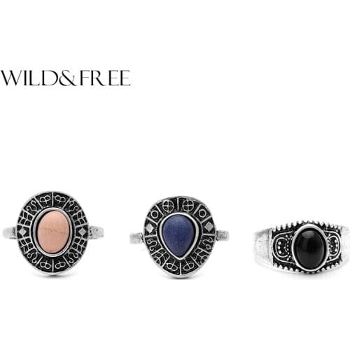 3pcs Women Bohemia Stone Ring Set Jewelry Retro Antique Gold SilverColor Wide Boho Knuckle Ring For Female Party Gift