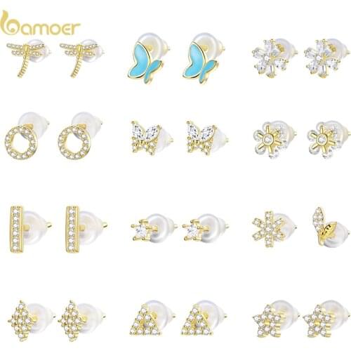 Bamoer Gold Plated 925 Sterling Silver Stud Earrings for Women Piercing Cartilage Earring Minimalist Small Cute Earrings Jewelry