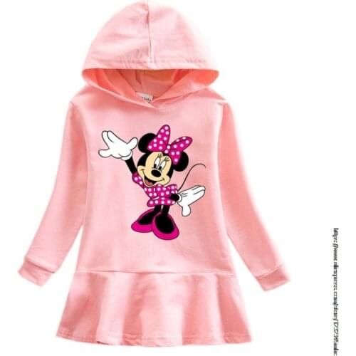 New Cotton Kids Girls Mickey Mouse Hoodies Dress Long Sleeve Childrens Girls Minnie Dresses Baby Hooded Clothes