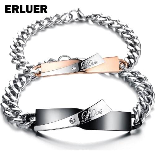 ERLUER Lover Bracelets For women men "love"letter zircon Stainless steel chain charm pair Couple Bracelets & bangles Gifts