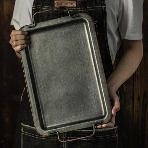 European Retro Square Iron Plate with Handles Metal Vintage Bread Tray Home Decoration Garden Restaurant Table Photographing
