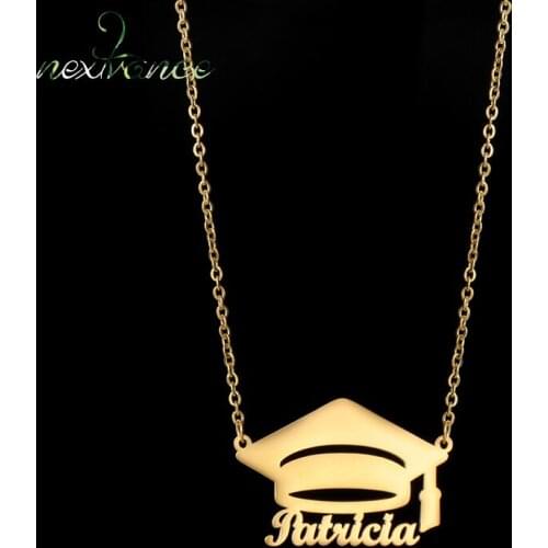 Custom Necklace Bachelor Cap Pendant Stainless Steel Gold Chain Personalized Name Necklaces For Student Scholar Jewelry Gift