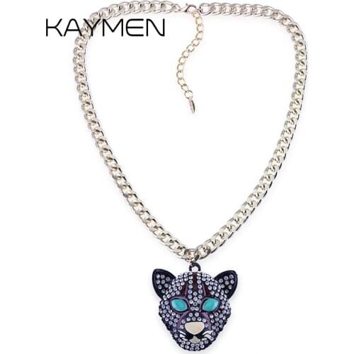 Kaymen New Arrival Leopard Head Enamel and Full Rhinestones Pendant Necklace for Girls, Long Pendant Party Gift Jewelry 4077