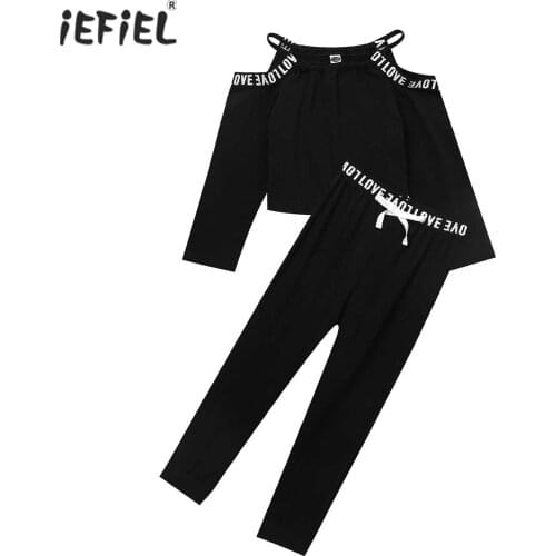 Kids Girls Clothing Set Letter Printed Casual Sport Suit Open Shoulder Long Sleeve T-shirt Crop Top Pants Trousers 2Pcs Outfits