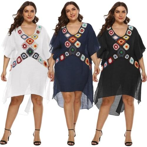 Summer Plus Size Women Knitted Hollow Floral Print Stitching Split Loose Beach Dress Sunscreen Blouse Large Size -40