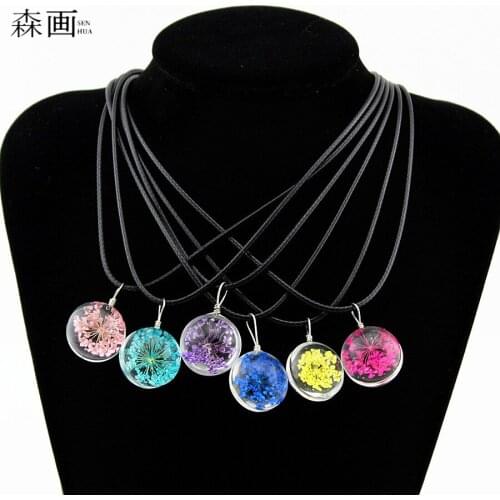 Real Dried Flower Pendant Necklace Glass Ball Plant flower Crystal Long Strip Leather rope Chain Gift Collier Femme MN595