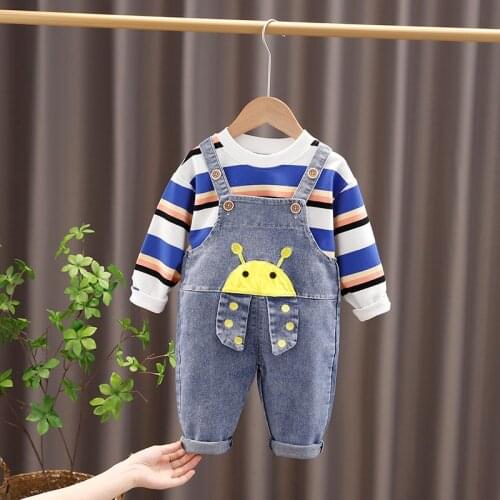 2021 Autumn Baby Girls Boys Clothing Sets Children Cartoon Sportswear Kids Stripe T Shirt Overalls Outdoor Infant Clothes Outfit