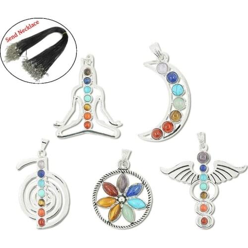 Natural Semi-precious Stone Necklace Pendant Men and Women Jewelry Aura Symbol Yoga Seven Chakras Moon Angel Wings New Year Gift