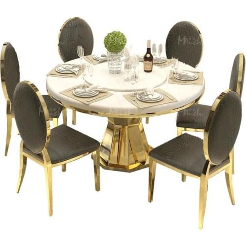 Stainless Steel Gold-Plated Marble Dining-Table Creative Dining Table and Chairs Set Rice Table with Turntable Furniture