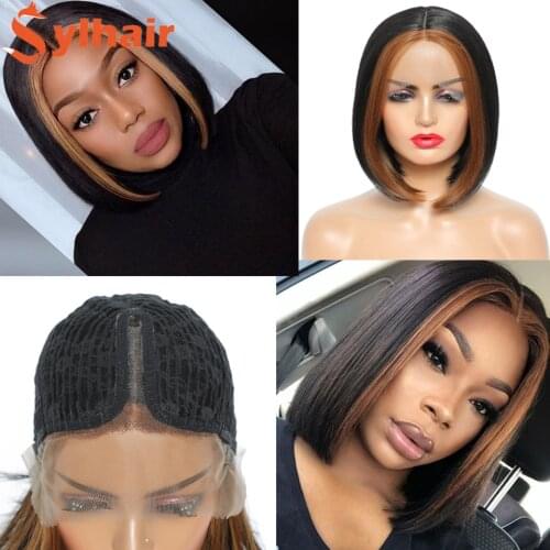 Straight Bob Wigs Synthetic Lace Front Bob Wigs for Black Women Daily wear Hand Woven Lace Centre Seam Middle Parting (9 inch)
