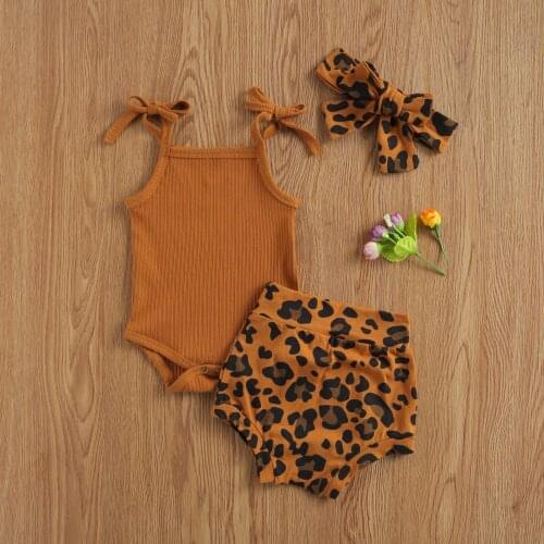 Pudcoco Newborn Baby Girl Clothes Solid Color Knitted Sling Romper Tops Leopard Print Short Pants Headband 3Pcs Outfits Summer